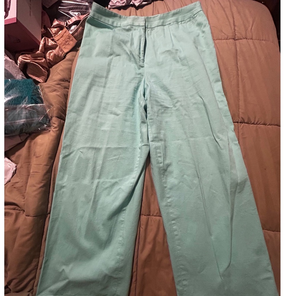Real Clothes Saks Fifth Avenue Teal Wide Leg Cotton Stretch Trousers Size 12